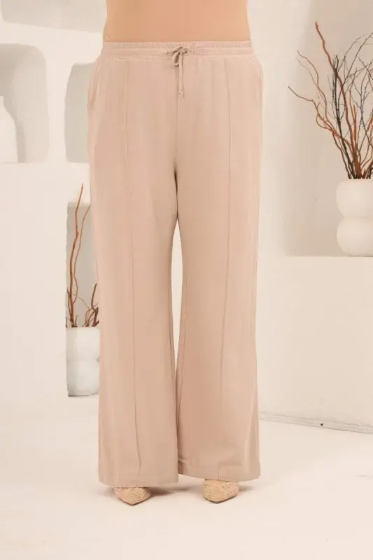 Beli Lastikli Bol Paça Büyük Beden Kadın Keten Pantolon Vizon - 1