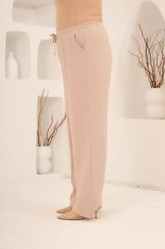Beli Lastikli Bol Paça Büyük Beden Kadın Keten Pantolon Vizon - 2