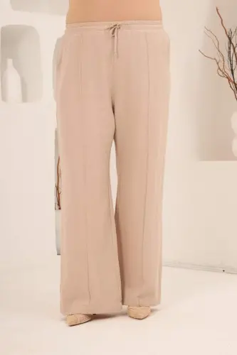 Beli Lastikli Bol Paça Büyük Beden Kadın Keten Pantolon Vizon - 3