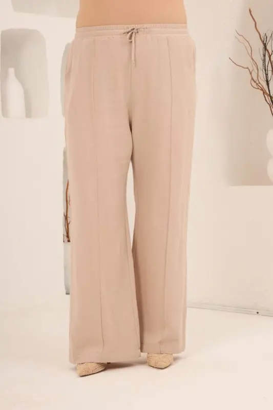 Beli Lastikli Bol Paça Büyük Beden Kadın Keten Pantolon Vizon - 3