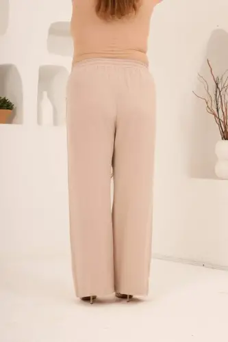 Beli Lastikli Bol Paça Büyük Beden Kadın Keten Pantolon Vizon - 5