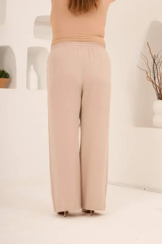 Beli Lastikli Bol Paça Büyük Beden Kadın Keten Pantolon Vizon - 5