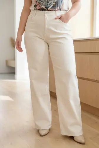 Beli Lastikli Bol Paça Büyük Beden Kot Pantolon Beyaz - 1