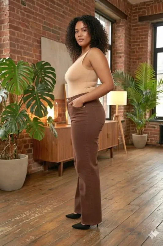 Beli Lastikli Bol Paça Büyük Beden Kot Pantolon Kahve - 2