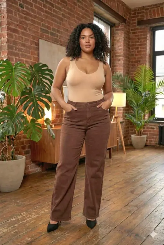 Beli Lastikli Bol Paça Büyük Beden Kot Pantolon Kahve - 3