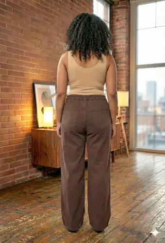 Beli Lastikli Bol Paça Büyük Beden Kot Pantolon Kahve - 4