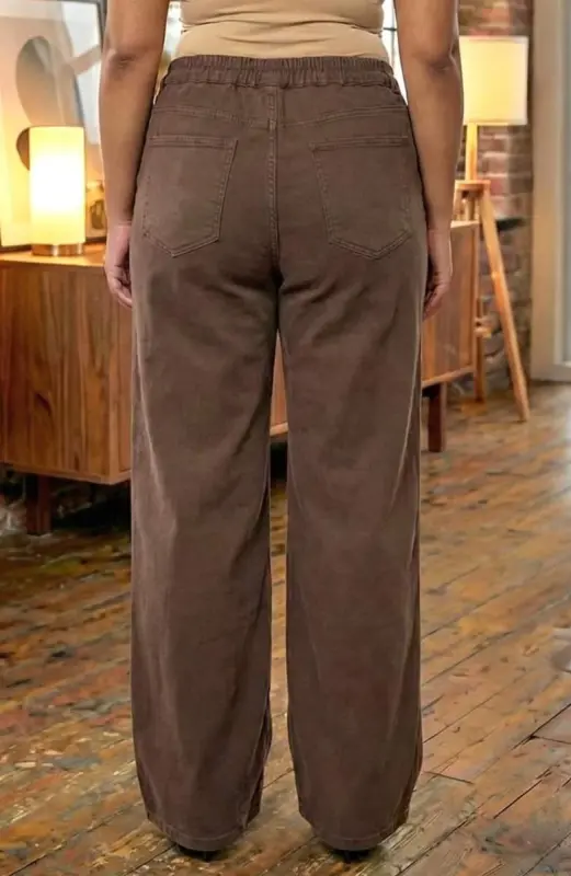 Beli Lastikli Bol Paça Büyük Beden Kot Pantolon Kahve - 5