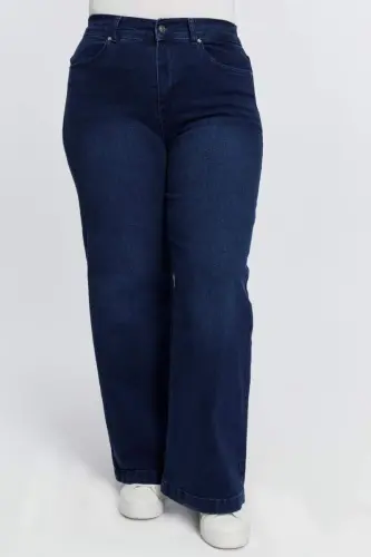 Beli Lastikli Bol Paça Büyük Beden Kot Pantolon Lacivert - 1