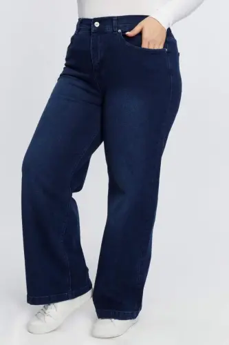 Beli Lastikli Bol Paça Büyük Beden Kot Pantolon Lacivert - 3