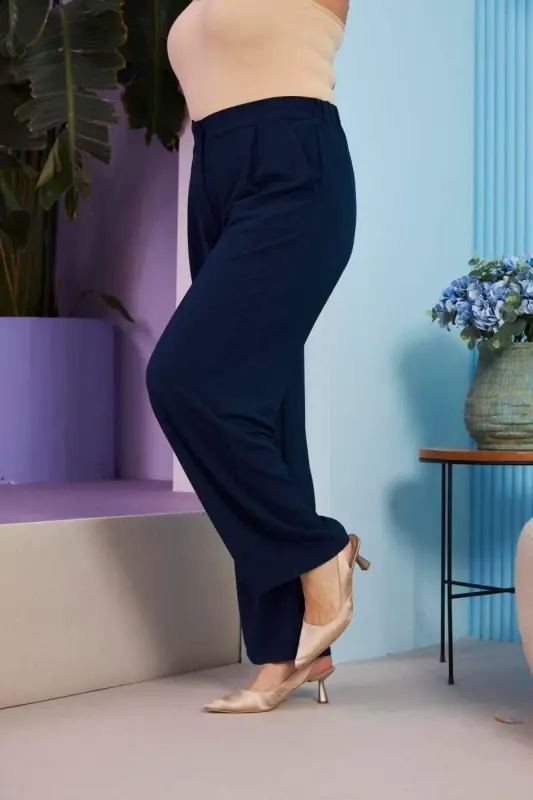 Beli Lastikli Büyük Beden Aerobin Lacivert Geniş Paça Pantolon - 3