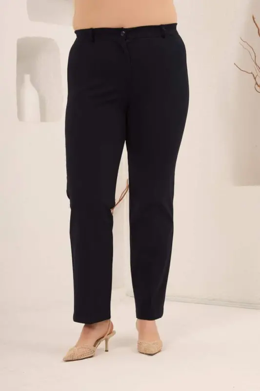 Beli Lastikli Büyük Beden Gabardin Geniş Paça Pantolon Lacivert - 1