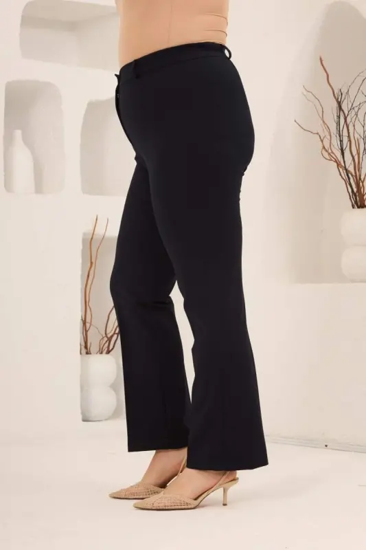 Beli Lastikli Büyük Beden Gabardin Geniş Paça Pantolon Lacivert - 2