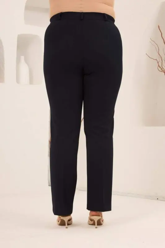 Beli Lastikli Büyük Beden Gabardin Geniş Paça Pantolon Lacivert - 4