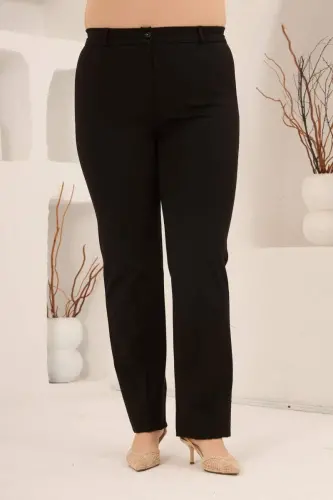 Beli Lastikli Büyük Beden Gabardin Geniş Paça Pantolon Siyah - 3