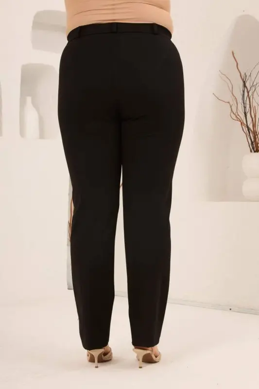 Beli Lastikli Büyük Beden Gabardin Geniş Paça Pantolon Siyah - 4