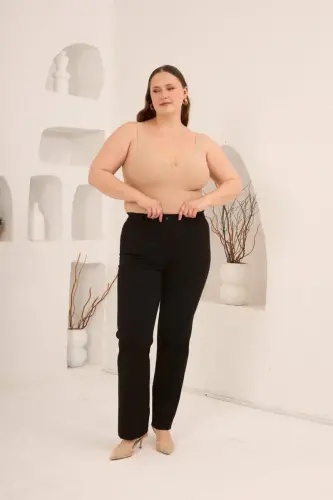 Beli Lastikli Büyük Beden Gabardin Geniş Paça Pantolon Siyah - 5