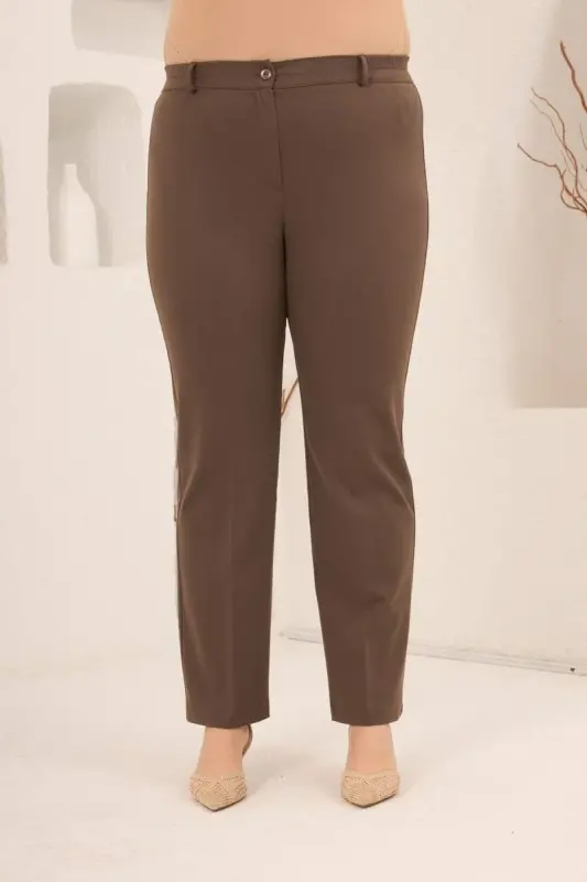 Beli Lastikli Büyük Beden Gabardin Geniş Paça Pantolon Vizon - 1