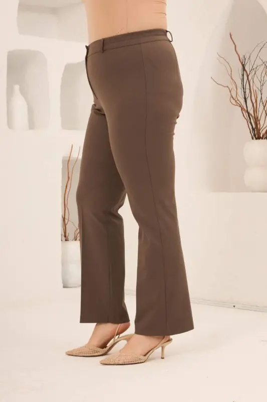 Beli Lastikli Büyük Beden Gabardin Geniş Paça Pantolon Vizon - 2