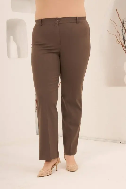 Beli Lastikli Büyük Beden Gabardin Geniş Paça Pantolon Vizon - 3