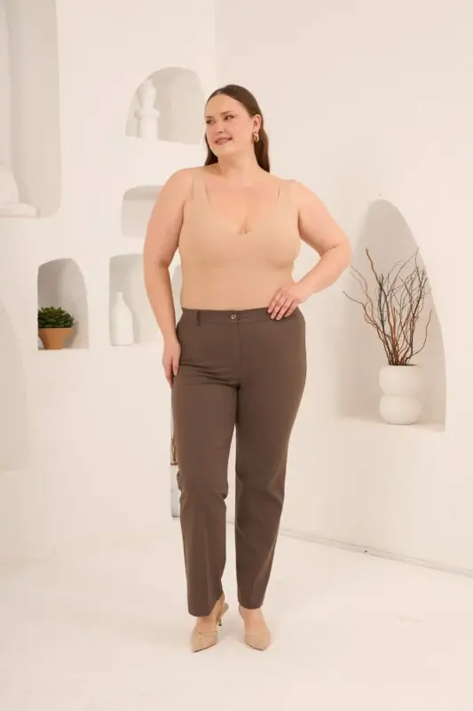 Beli Lastikli Büyük Beden Gabardin Geniş Paça Pantolon Vizon - 5