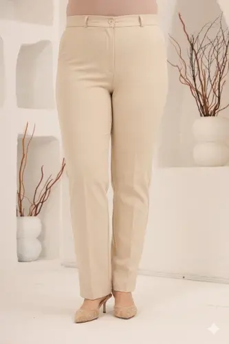 Beli Lastikli Büyük Beden Geniş Paça Pantolon Krem - 1