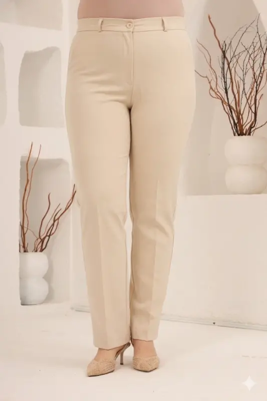 Beli Lastikli Büyük Beden Geniş Paça Pantolon Krem - BÜYÜKBEDENIZ