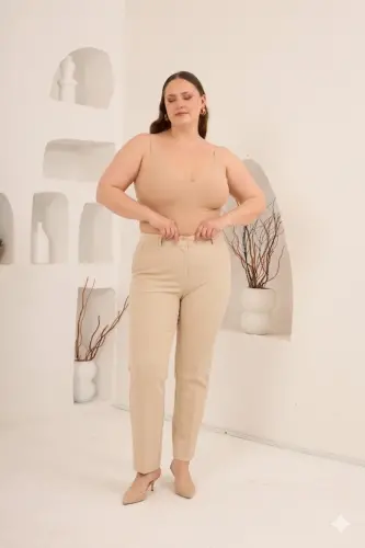 Beli Lastikli Büyük Beden Geniş Paça Pantolon Krem - 3