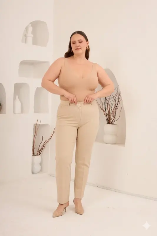 Beli Lastikli Büyük Beden Geniş Paça Pantolon Krem - 3
