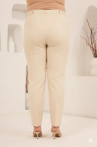 Beli Lastikli Büyük Beden Geniş Paça Pantolon Krem - 4