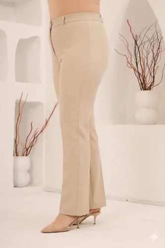 Beli Lastikli Büyük Beden Geniş Paça Pantolon Krem - BÜYÜKBEDENIZ (1)