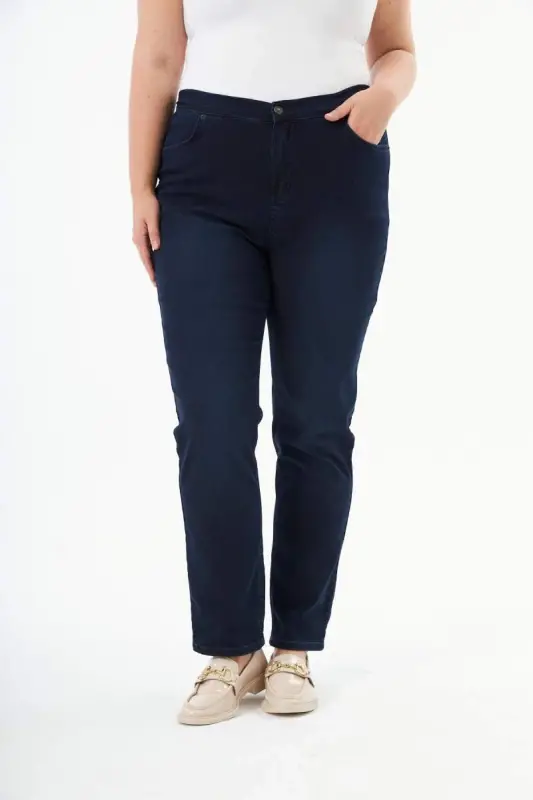 Beli Lastikli Büyük Beden Koyu Lacivert Kot Pantolon - 1