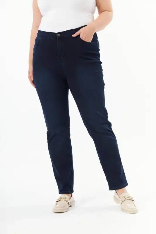 Beli Lastikli Büyük Beden Koyu Lacivert Kot Pantolon - 2