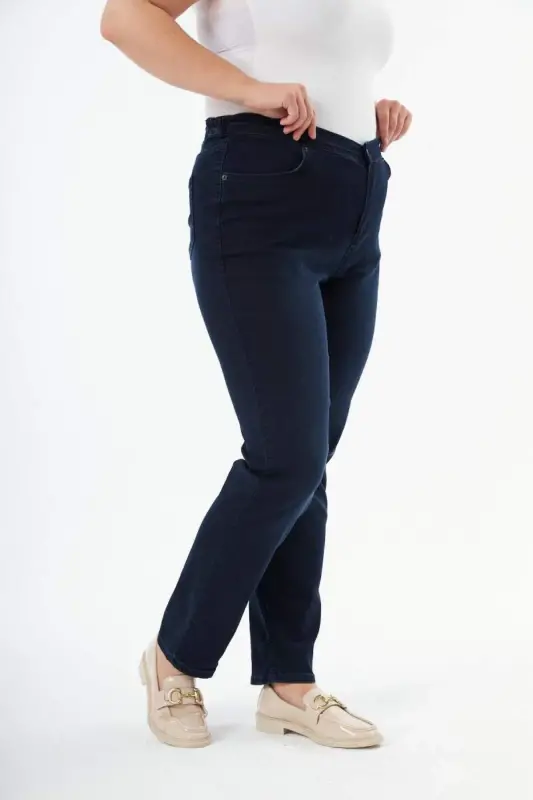 Beli Lastikli Büyük Beden Koyu Lacivert Kot Pantolon - 4