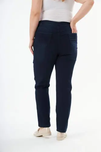 Beli Lastikli Büyük Beden Koyu Lacivert Kot Pantolon - 5