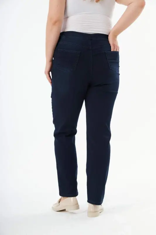 Beli Lastikli Büyük Beden Koyu Lacivert Kot Pantolon - 5