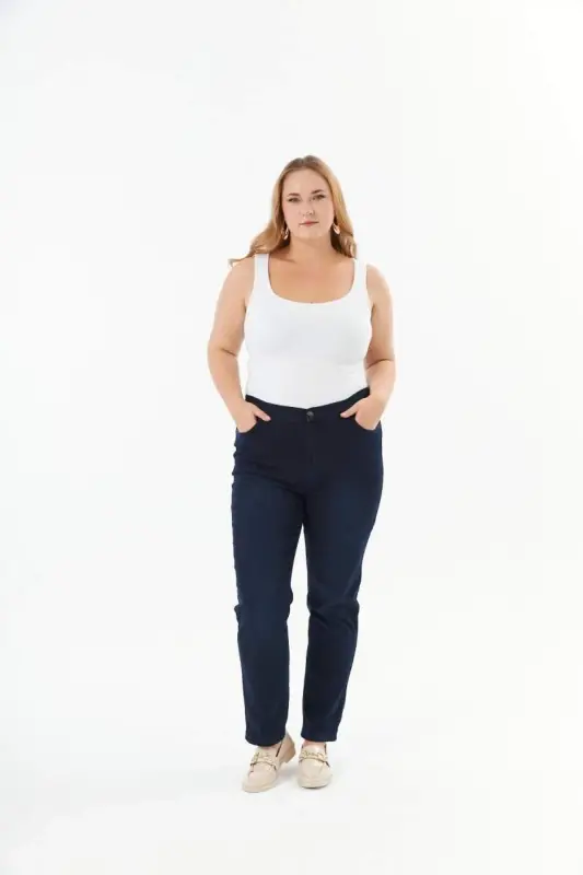 Beli Lastikli Büyük Beden Koyu Lacivert Kot Pantolon - 3