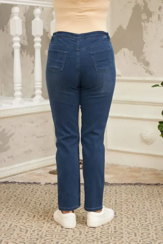 Beli Lastikli Büyük Beden Mavi Kot Pantolon - 4