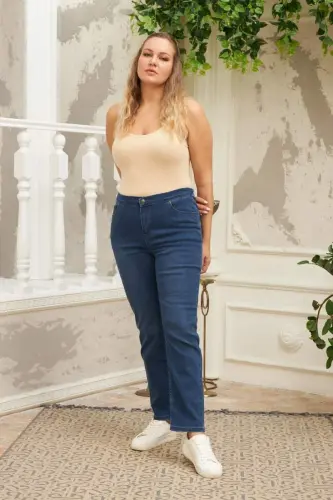 Beli Lastikli Büyük Beden Mavi Kot Pantolon - 5