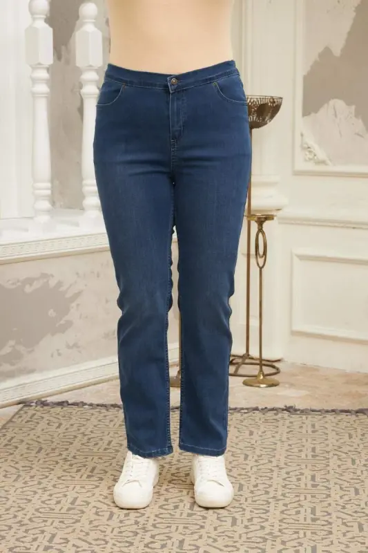 Beli Lastikli Büyük Beden Mavi Kot Pantolon - BÜYÜKBEDENIZ