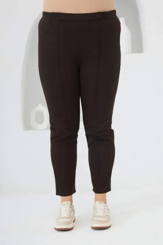 Beli Lastikli Fitilli Büyük Beden Kahve Çelik Örme Pantolon - 1