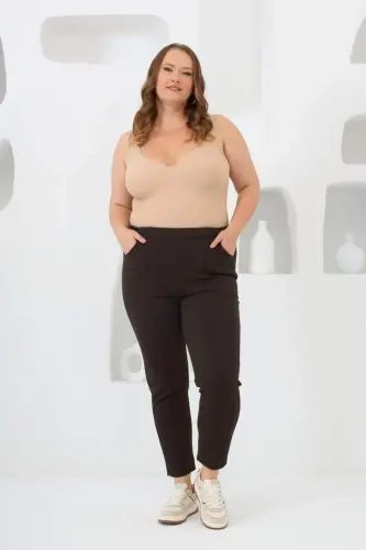 Beli Lastikli Fitilli Büyük Beden Kahve Çelik Örme Pantolon - 5