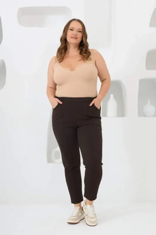 Beli Lastikli Fitilli Büyük Beden Kahve Çelik Örme Pantolon - 5