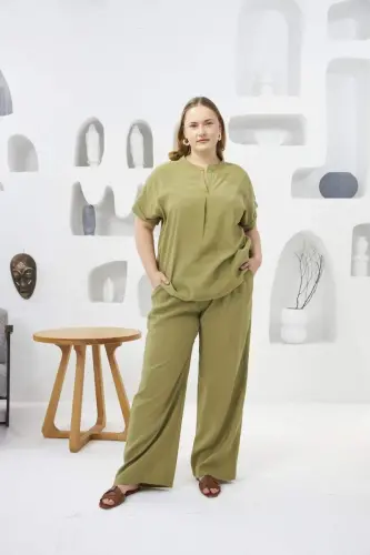 Beli Lastikli Geniş Paça Büyük Beden Pantolon Oliv - 4