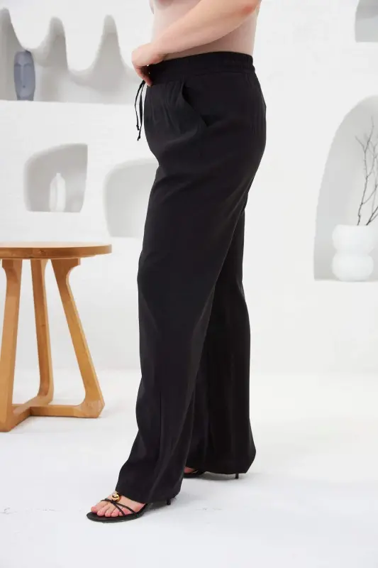 Beli Lastikli Geniş Paça Büyük Beden Pantolon Siyah - 2