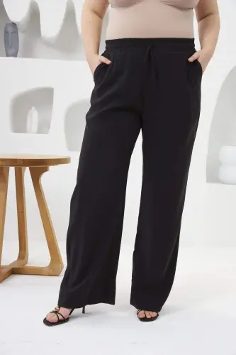 Beli Lastikli Geniş Paça Büyük Beden Pantolon Siyah - 4