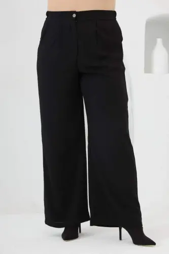 Beli Lastikli Geniş Paça Büyük Beden Pantolon Siyah - 1