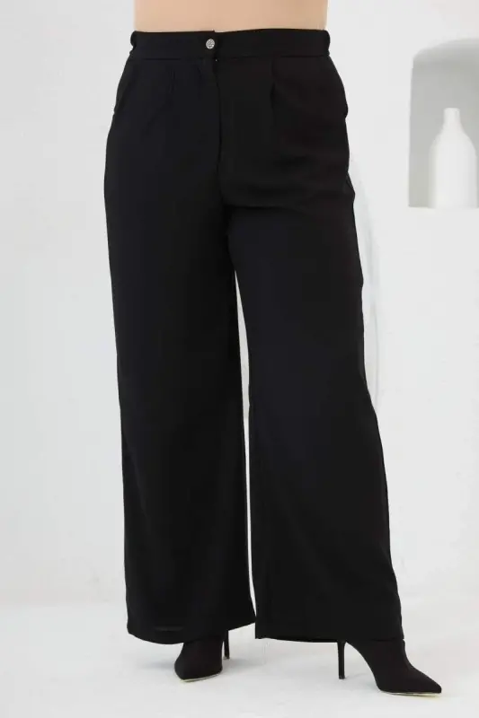 Beli Lastikli Geniş Paça Büyük Beden Pantolon Siyah - 1