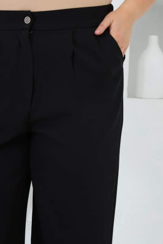 Beli Lastikli Geniş Paça Büyük Beden Pantolon Siyah - 3