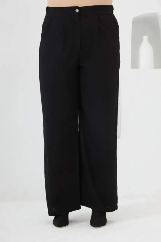 Beli Lastikli Geniş Paça Büyük Beden Pantolon Siyah - 4