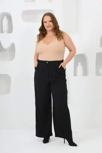 Beli Lastikli Geniş Paça Büyük Beden Pantolon Siyah - 6